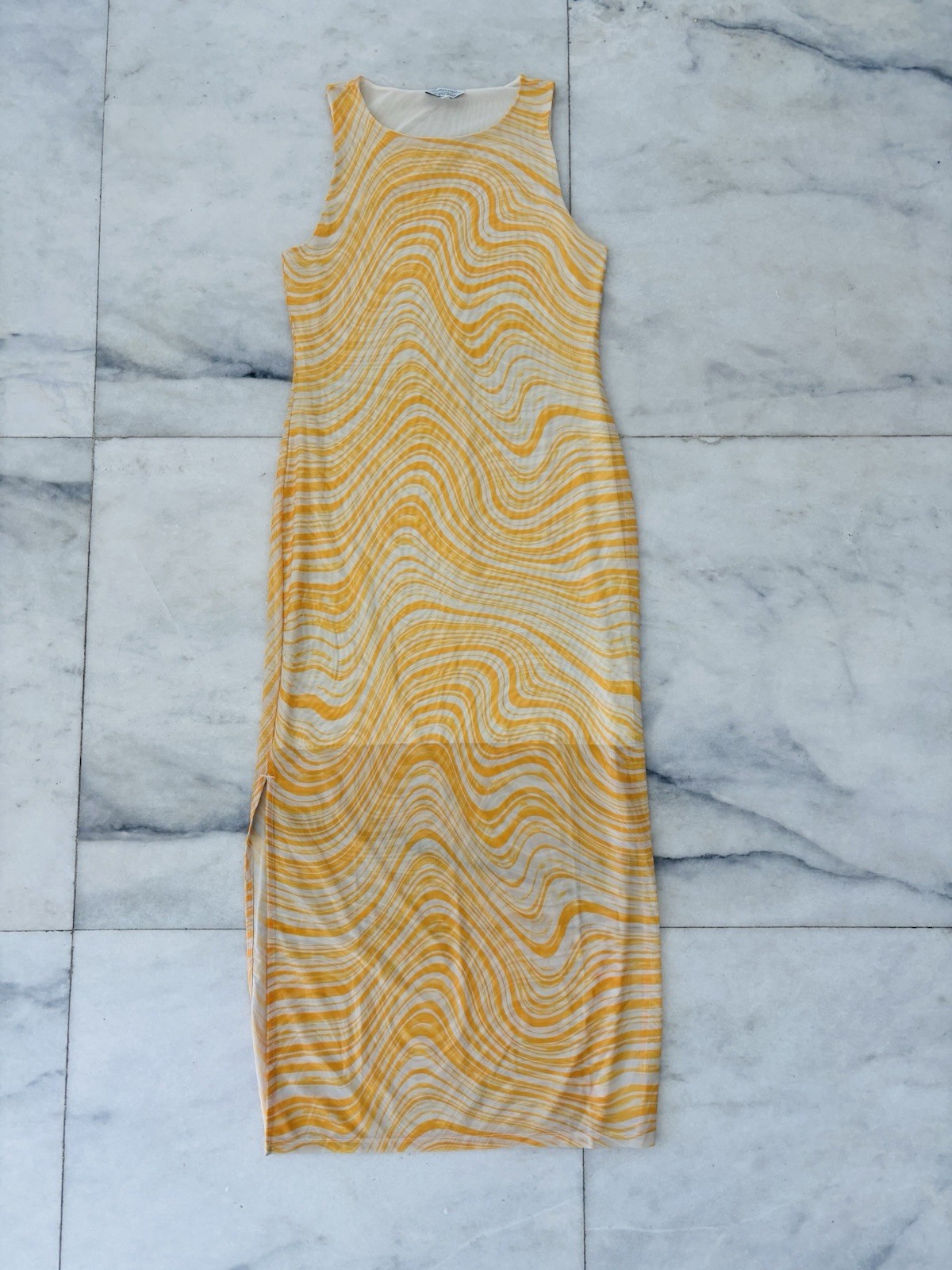 & Other Stories Dress Midi Mesh Yellow Psychedelic M Groovy 70s Retro Op Art