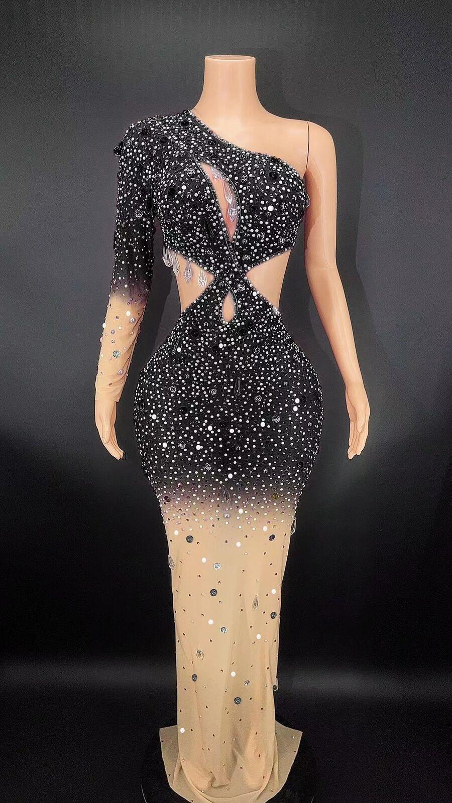 Women’s Sexy Water Diamond Single Sleeve Transparent Dress Long Dress Prom Party