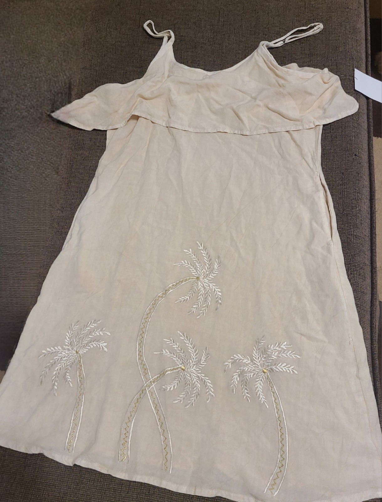 Raya Sun Womens Beige Palm Tree Embroidered Cold Shoulder Sundress Sz L