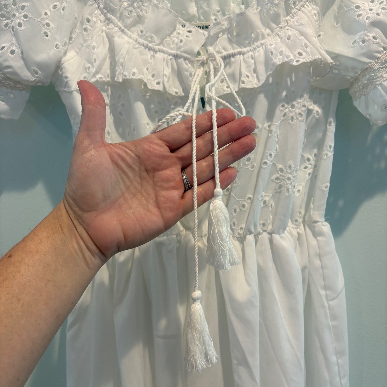 NWT Earthbound Trading Co Eyelet Midi Dress Large White Off Shoulder Tassel Tie