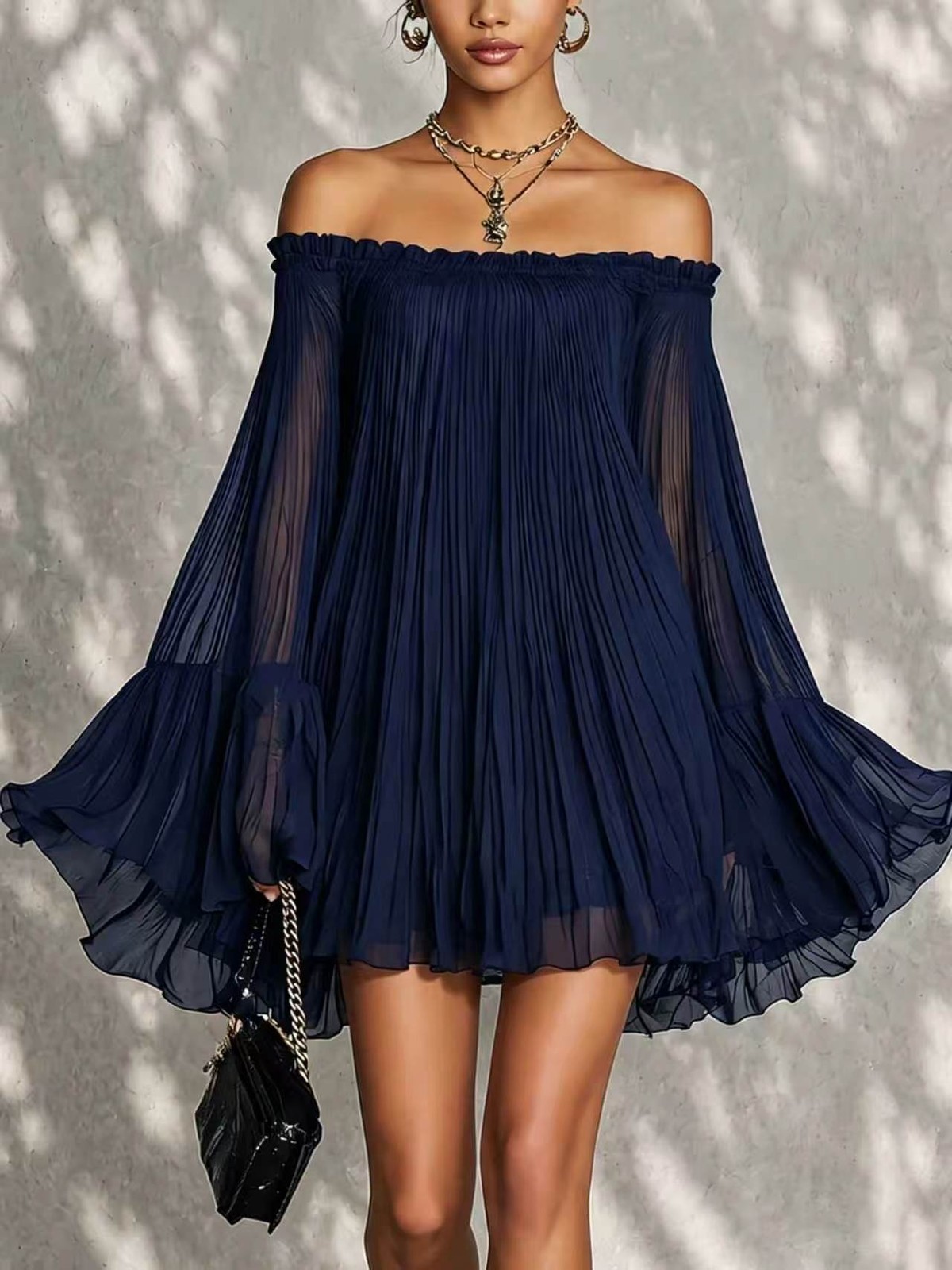 Elegant Black Off-Shoulder Backless Pleated Lantern Sleeve Mini Dress