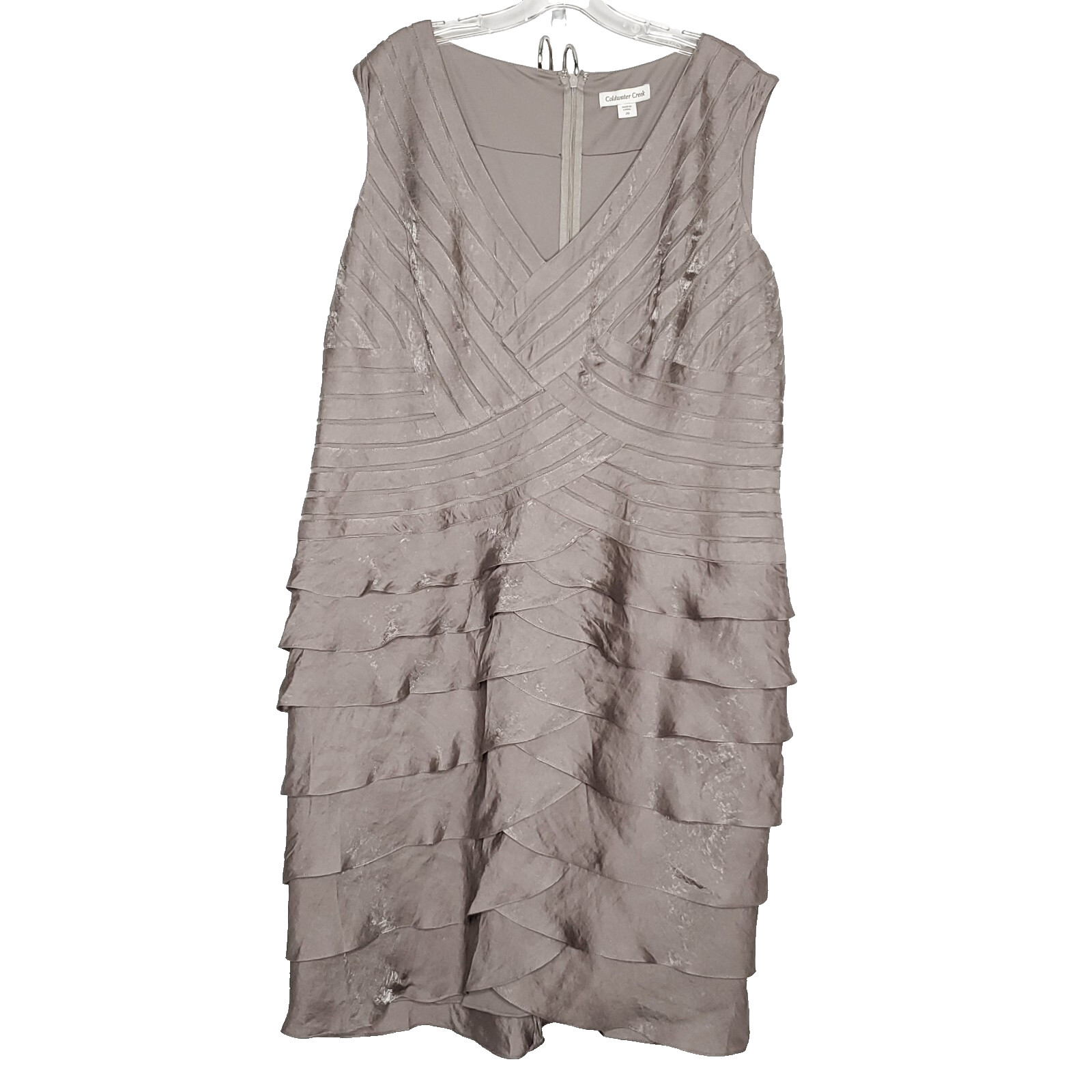Coldwater Creek Dress Sz 20 Taupe Gray Shimmer Tiered Ruffle Sleeveless Evening