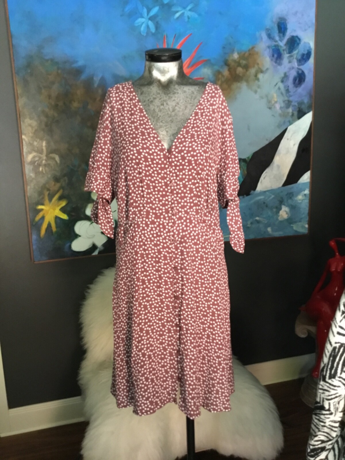 VTG vExpress Short Dress Tie Back Mauve Polka Dot Retro y2k 90s L