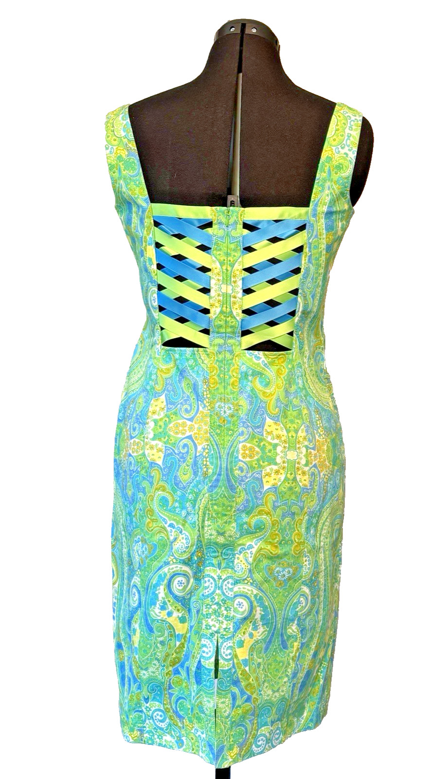 Escada Women’s EU40/US8 Dress Back Ribbon Detail Blue Green Sleeveless Cotton