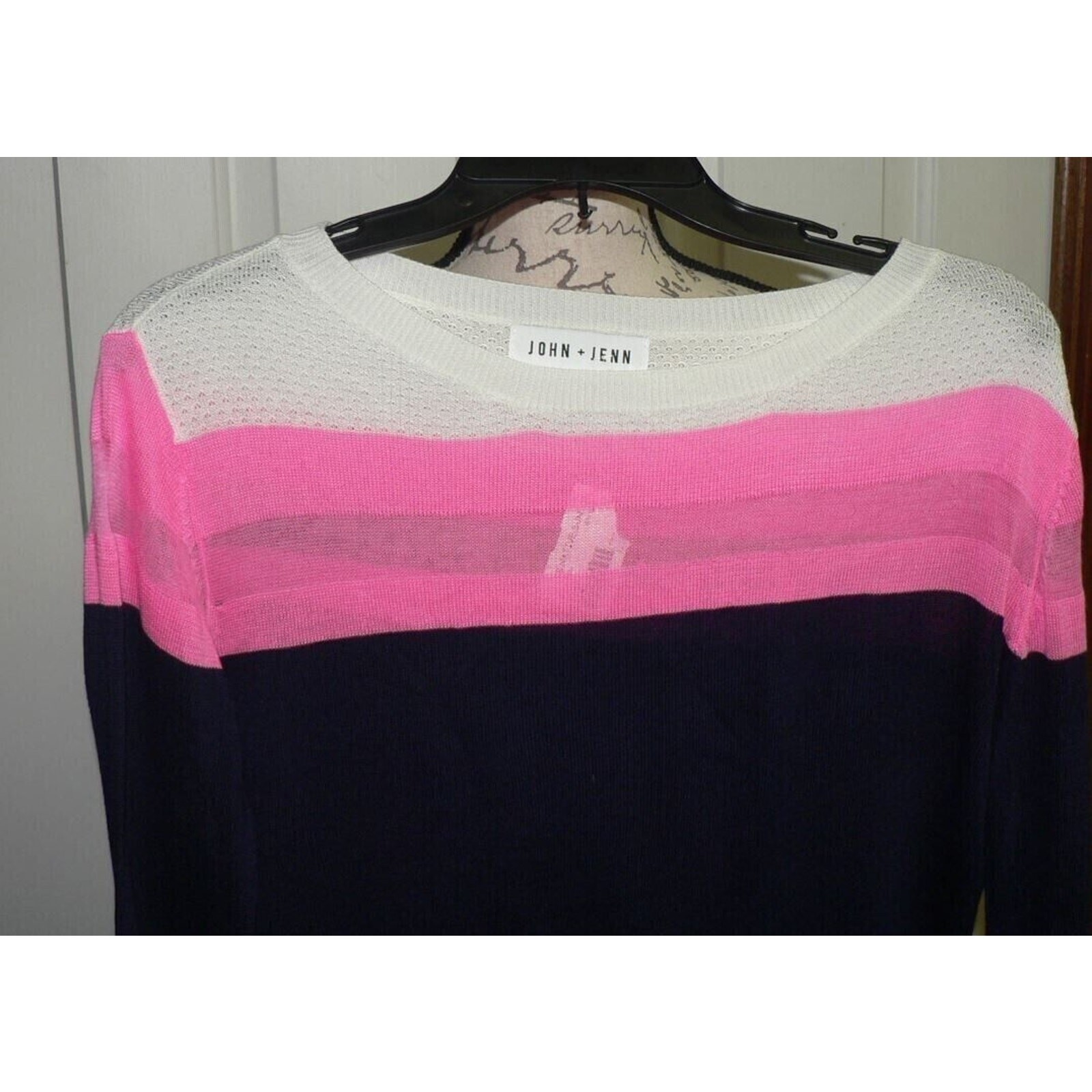 John + Jenn Lightweight Sheer Stripe Sweater Mini Dress Navy/Pink/Wht Medium $99
