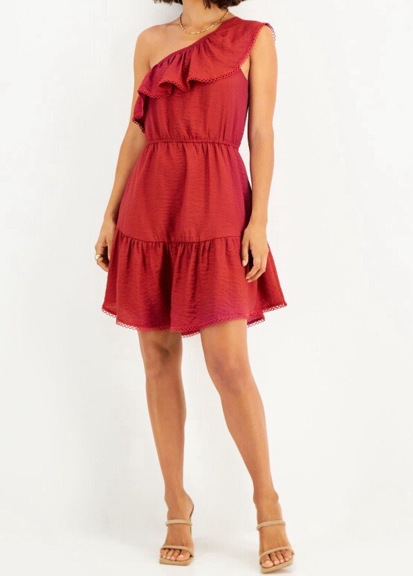 Bar III Womens One Shoulder Ruffled Mini Dress, Red Canyon, Medium, $99