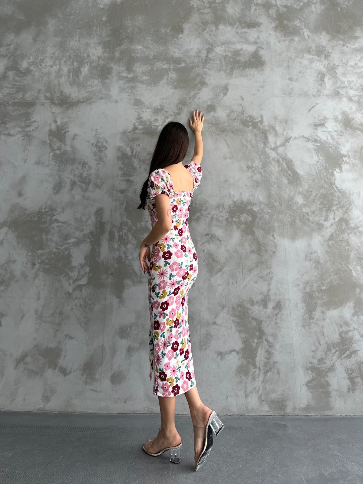 Mixed Patterned Pink Wafer Chest Tie Strap Dress