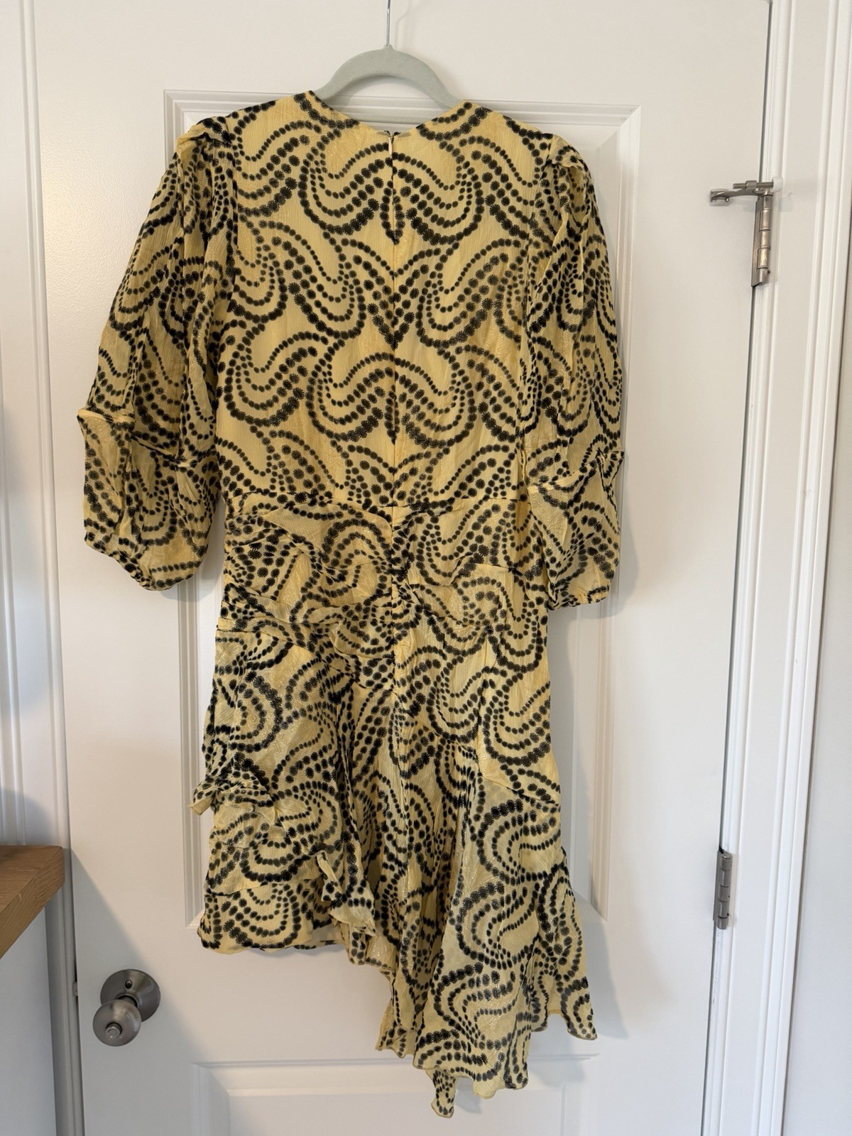 Sandro Yellow Black Abstract Ruffle Mini Dress 3/4 Balloon Sleeve Size 40
