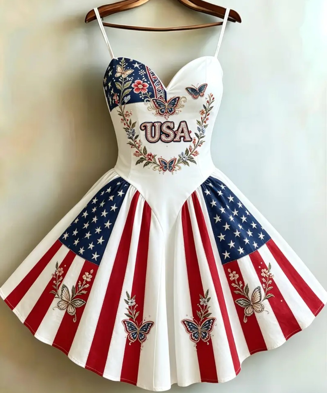 American Flag Embroidered Halter Dress USA Butterfly Floral Print Festival Dress