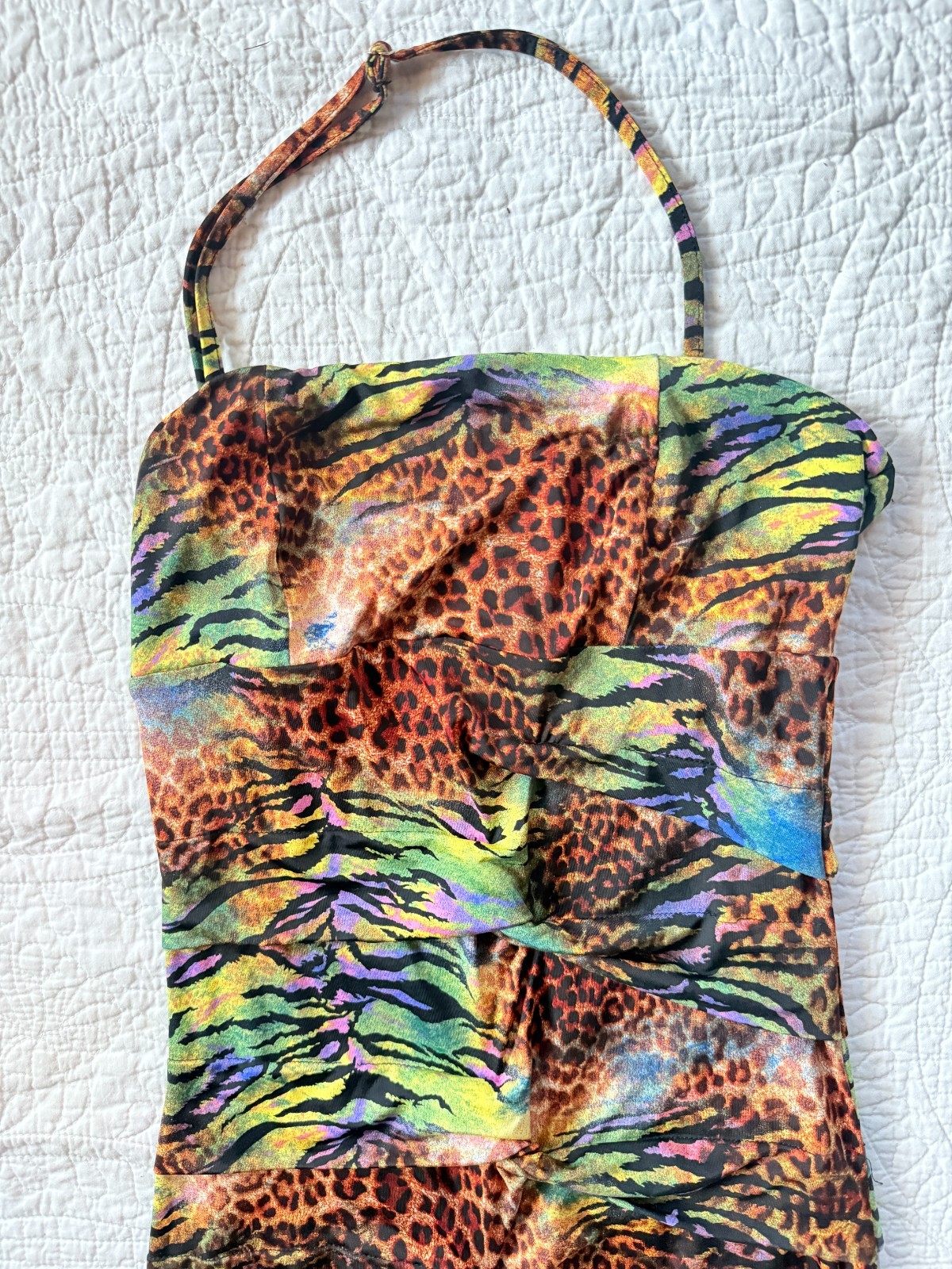 Forever 21 Y2K Rave Neon Ruched Animal Print Halter Bodycon Mini Dress Size S/P