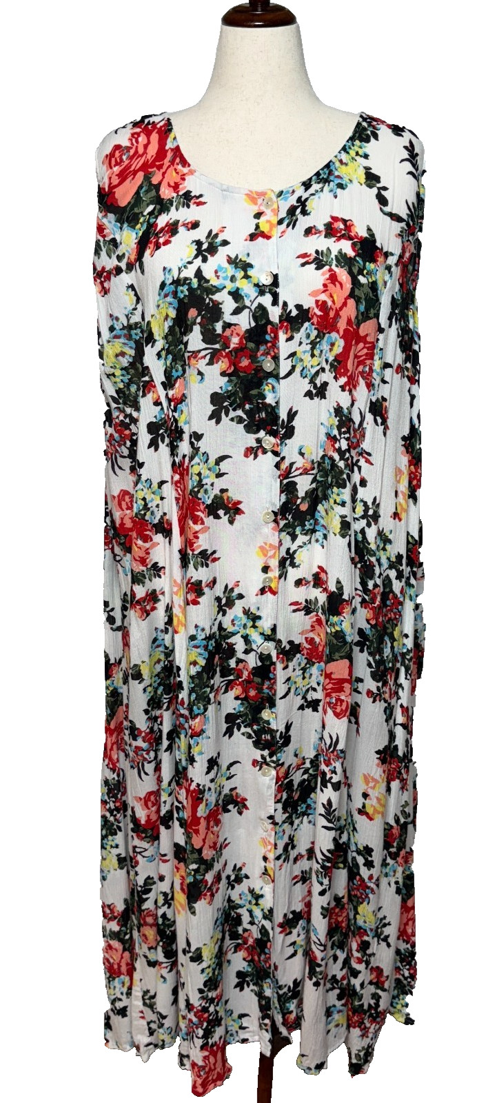 Denim 24/7 Dress 18-20 Maxi White Pink Floral Colorful Button Up Beachy NWT