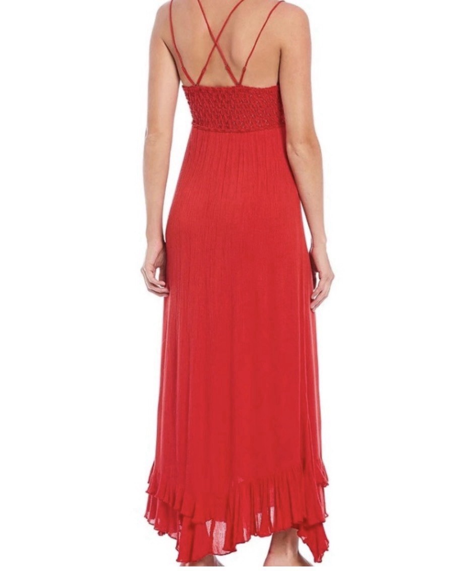 FREE PEOPLE “Adella” Maxi Slip Dress With Lace Top, Bright Red, Size XS, NEW