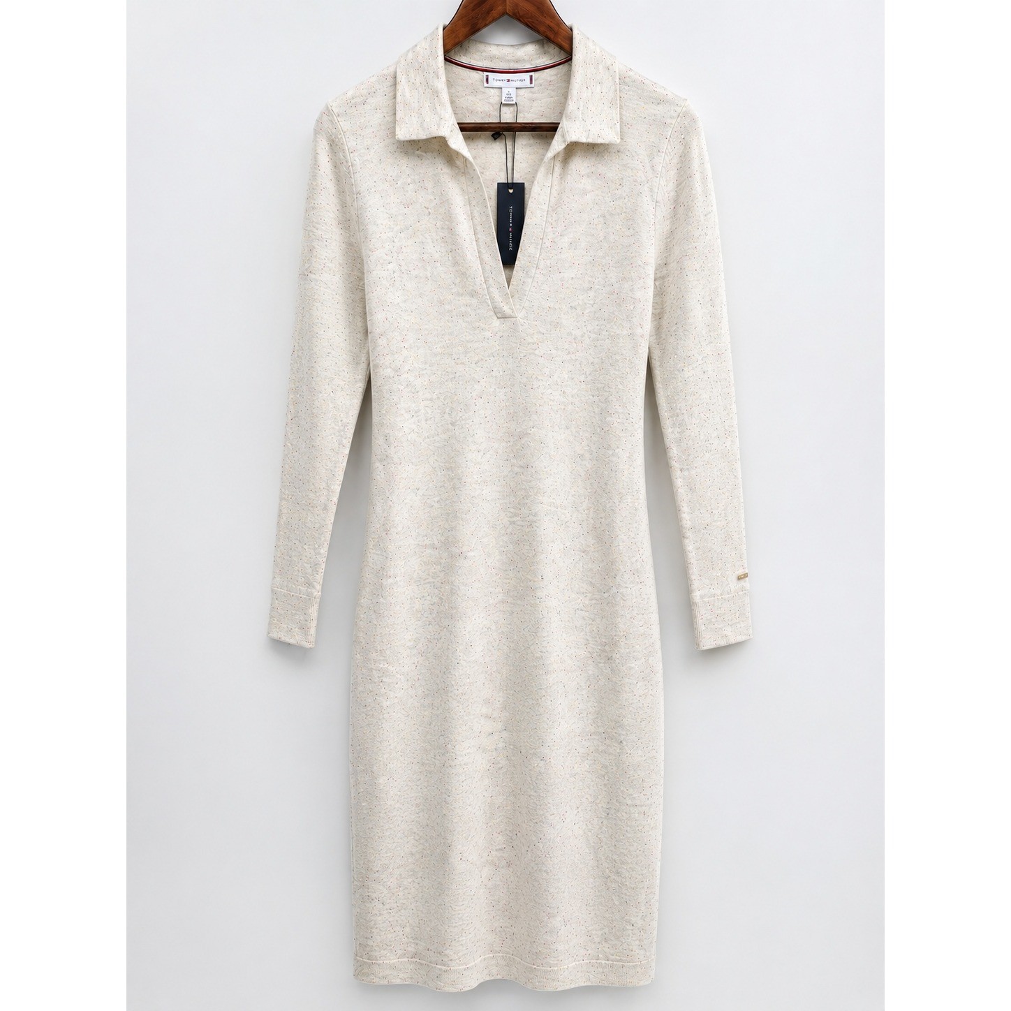 Tommy Hilfiger Heather Beige Collared V-Neck Long Sleeve Sweater Midi Dress XS