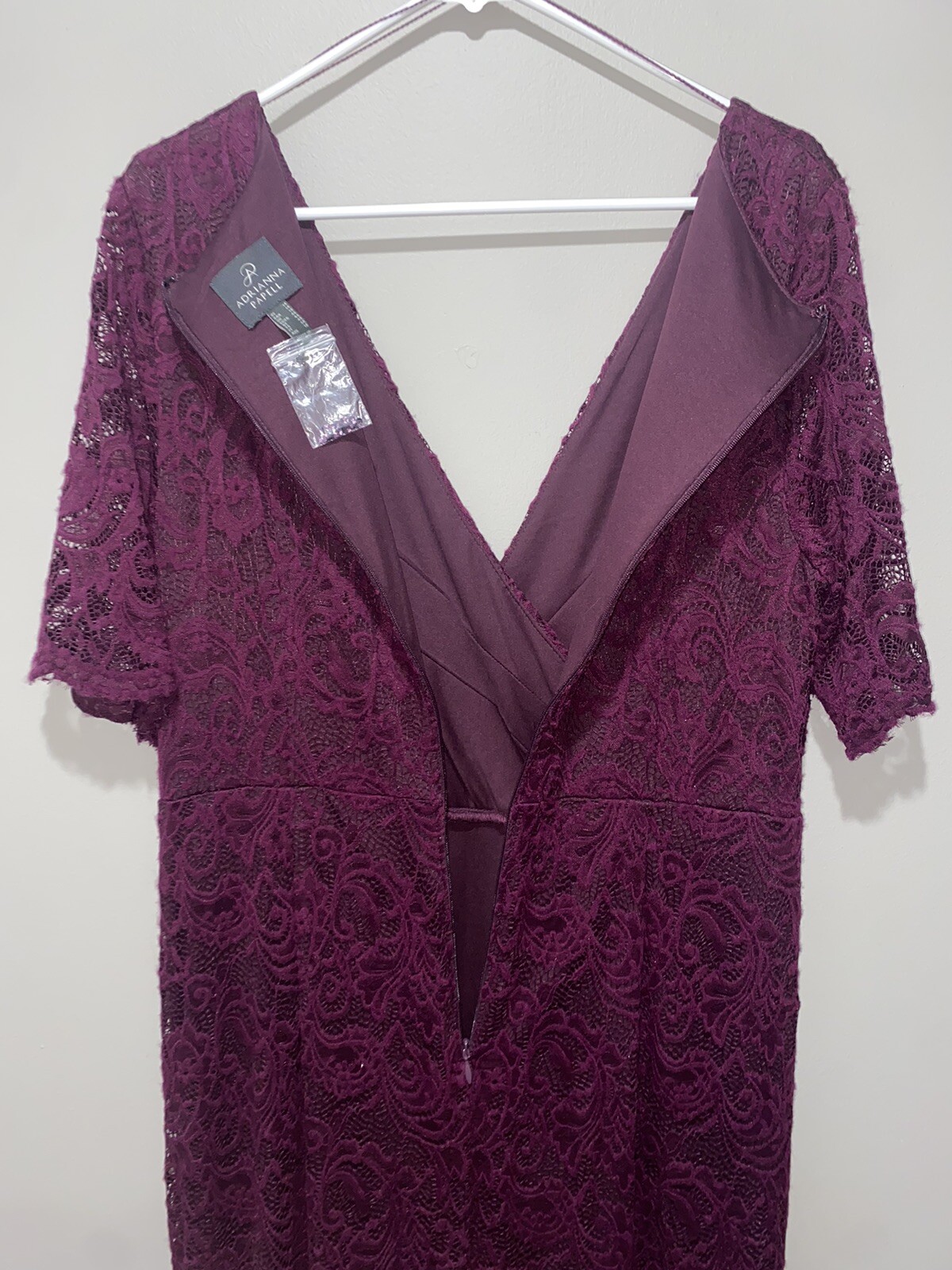 NWT Adrianna Papell Floor Length Lace Dress w/ Draped Skirt, Eggplant, sz 14