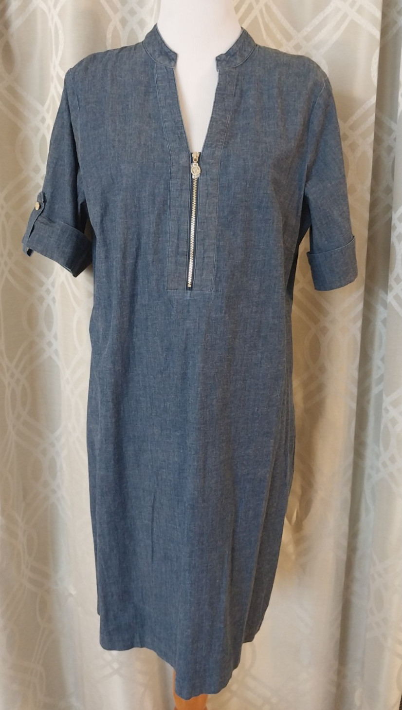 Anne Klein Roll-Tab Sleeve Zip Collar Denim Wash Dark SIZE 14