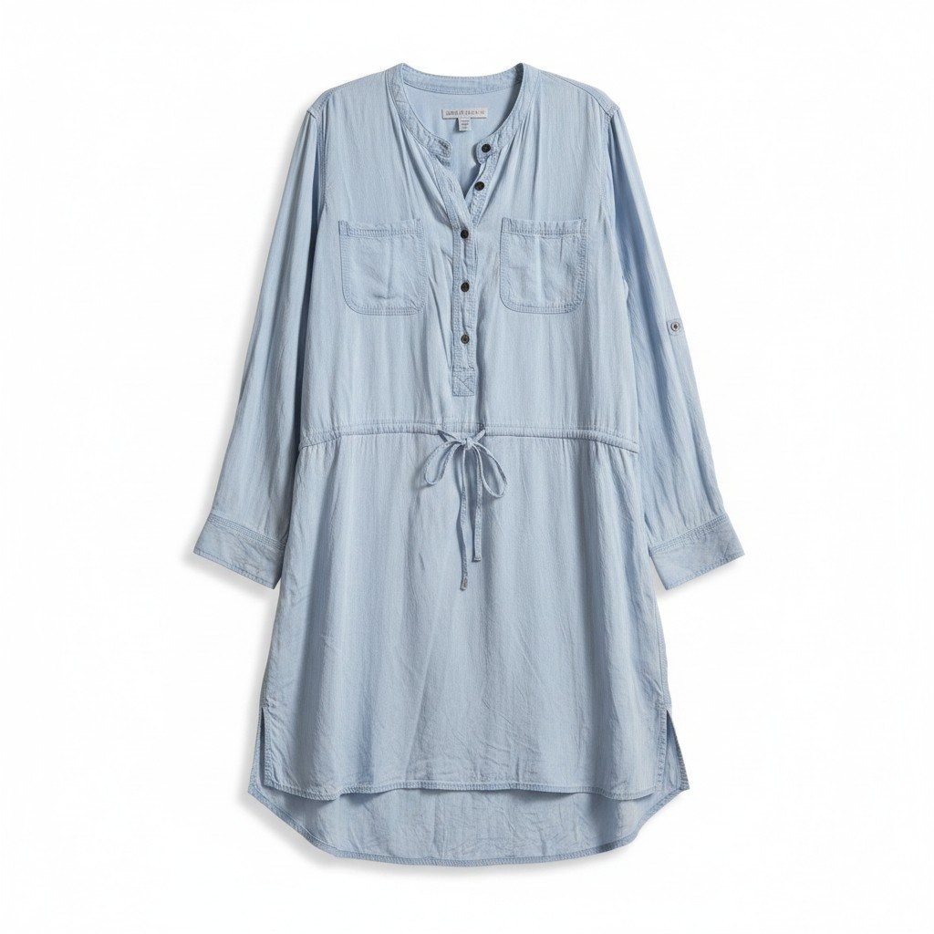 Larry Levine Womens XL Light Blue Tencel Chambray Drawstring Shirt Dress Utility