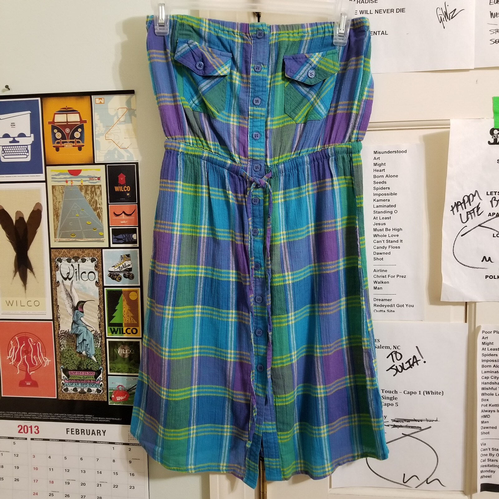 Forever 21 dress Small strapless plaid button front drawstring waist bust pocket