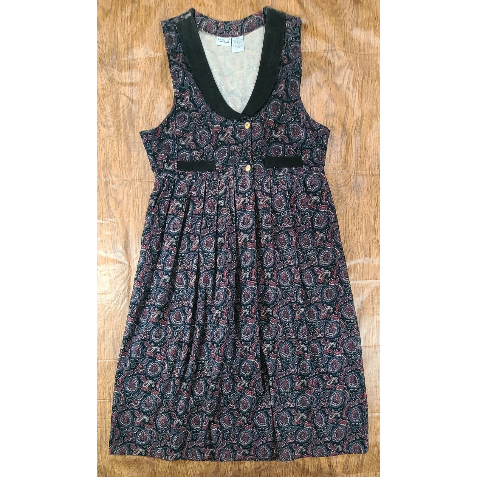 Vintage Capacity Dress LG Black Red Floral Sleeveless Corduroy Long 90s Paisley