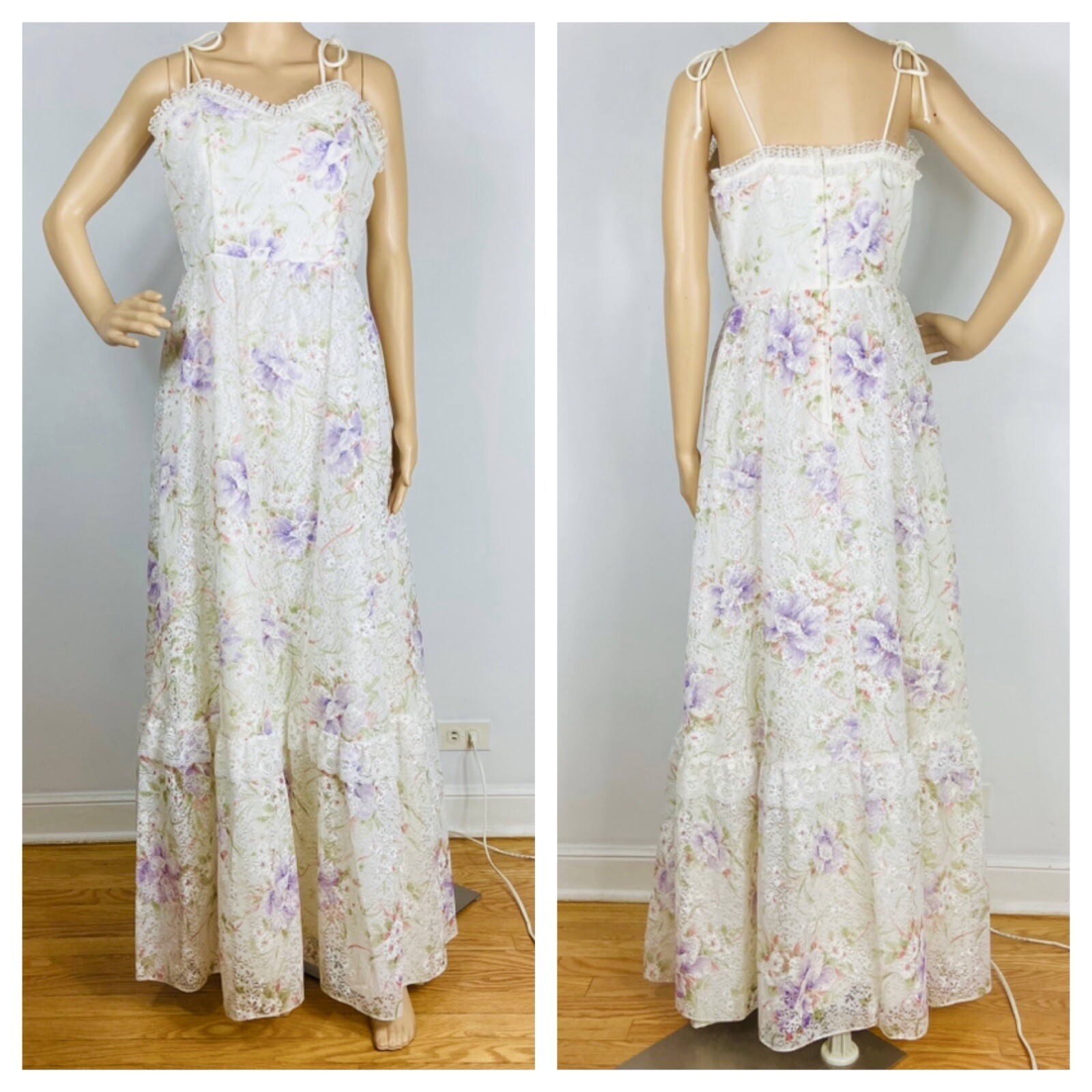 Vtg 70s Floral Lace Garden Party Dress Sz M Prairie Cottage Frilly Bridal Gown