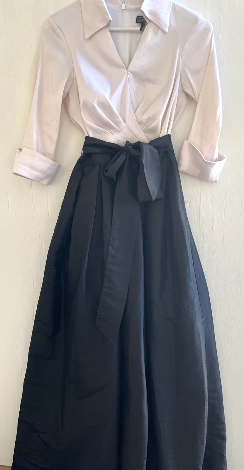 JESSICA HOWARD Pink & Black Taffeta Maxi Dress Sash Tie Waist Evening Gown 6 EUC