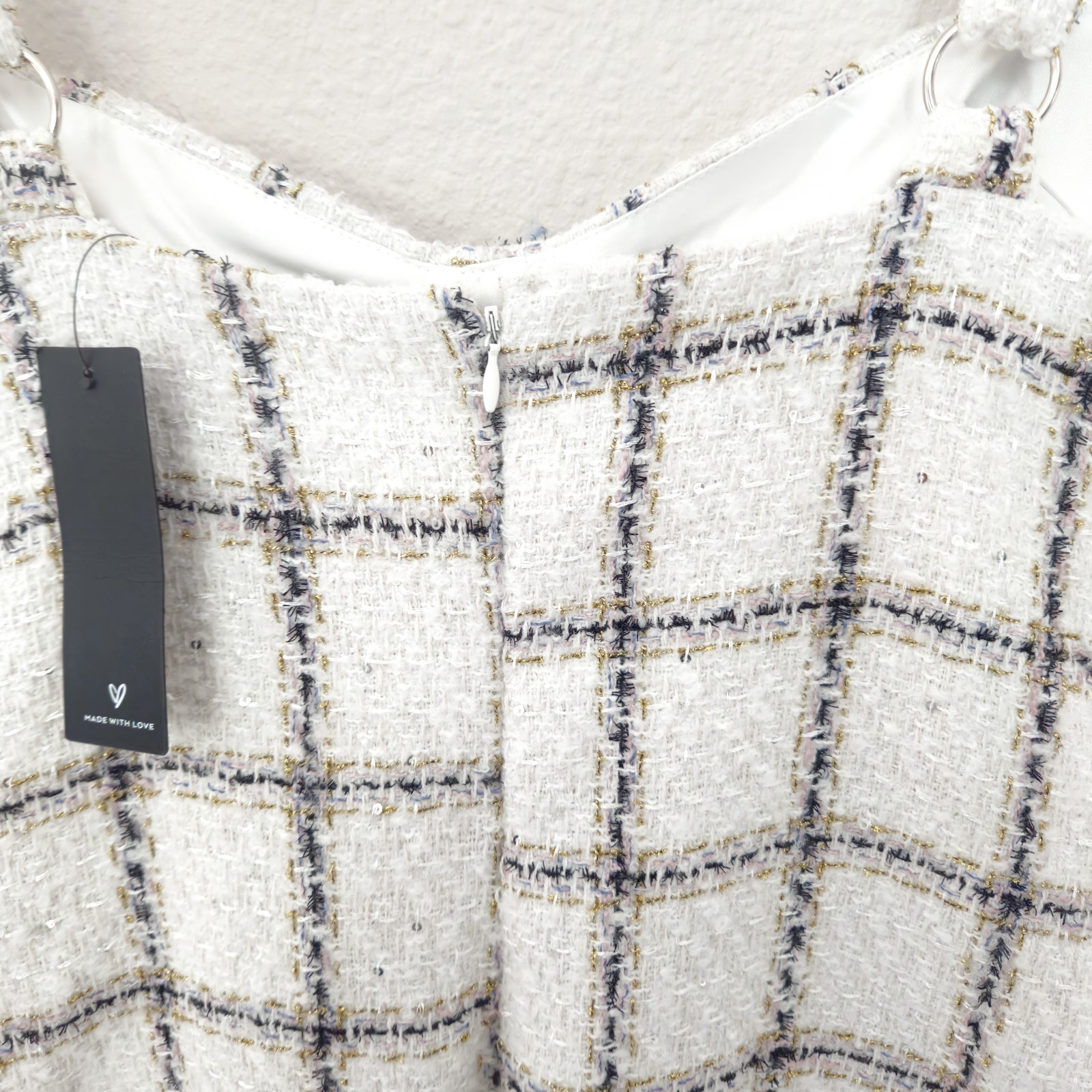 Lulu’s Elevated Delight White Plaid Tweed Bustier Midi Sheath Dress Sz Large