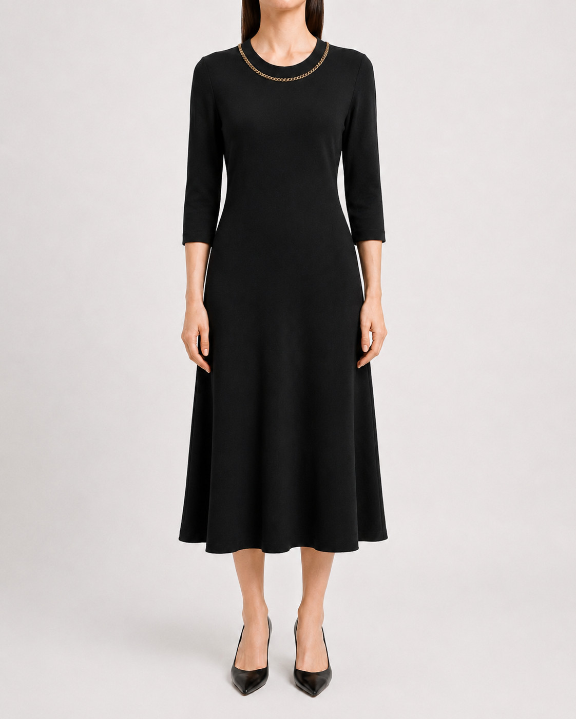 Salvatore Ferragamo Black Wool Midi Dress Gold Chain Neck Size M
