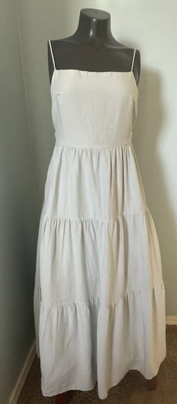 Womens Aqua Maxi Dress Size M Linen Light Blue Thin Strap Backless Pockets NWT