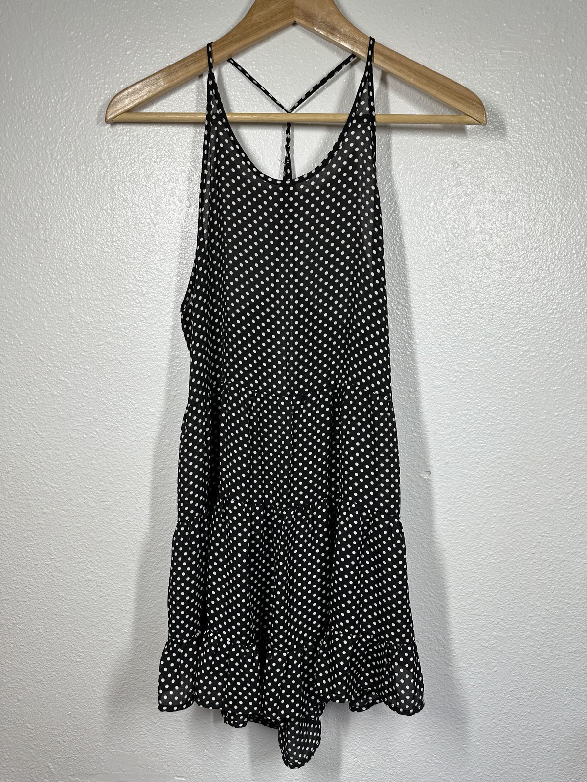 En Creme Dress Womens Medium Black White Polka Dot Tiered Ruffle Strappy Boho
