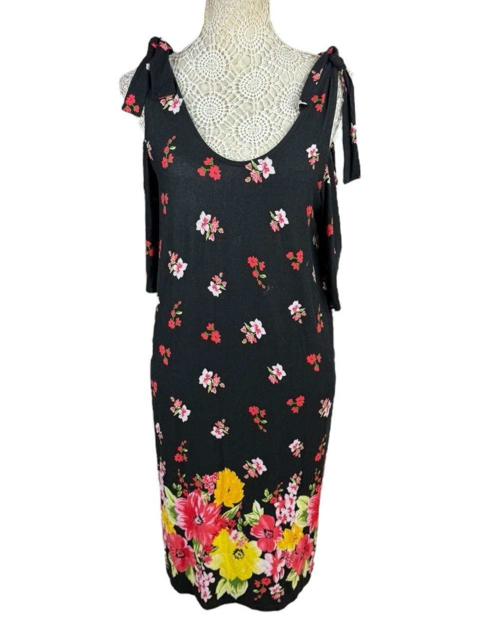 Black Floral Summer Dress Cold Shoulder Sleeve Knee Length Women’s UK Size 14