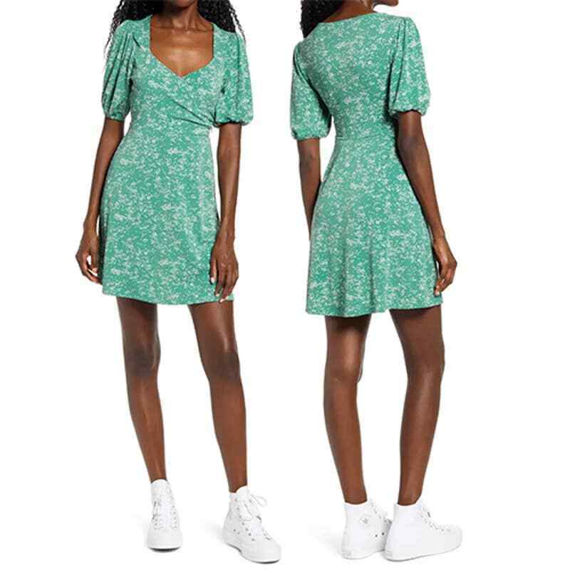 New All in Favor Women XS Sage Green White Crepe Puff Sleeve Surplice Mini Dress