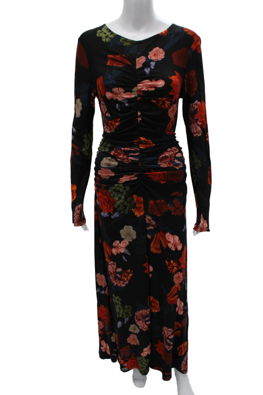 Cara Cara Women Bodycon Maxi Dress Black Floral Long Sleeve Zip Size L