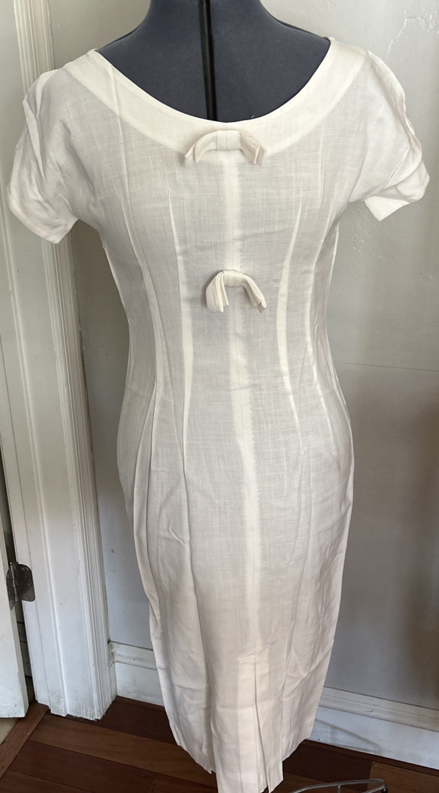 Eddie Tunick Vintage Dress Womens Small Cream White 50s 60s Linen Mad Men