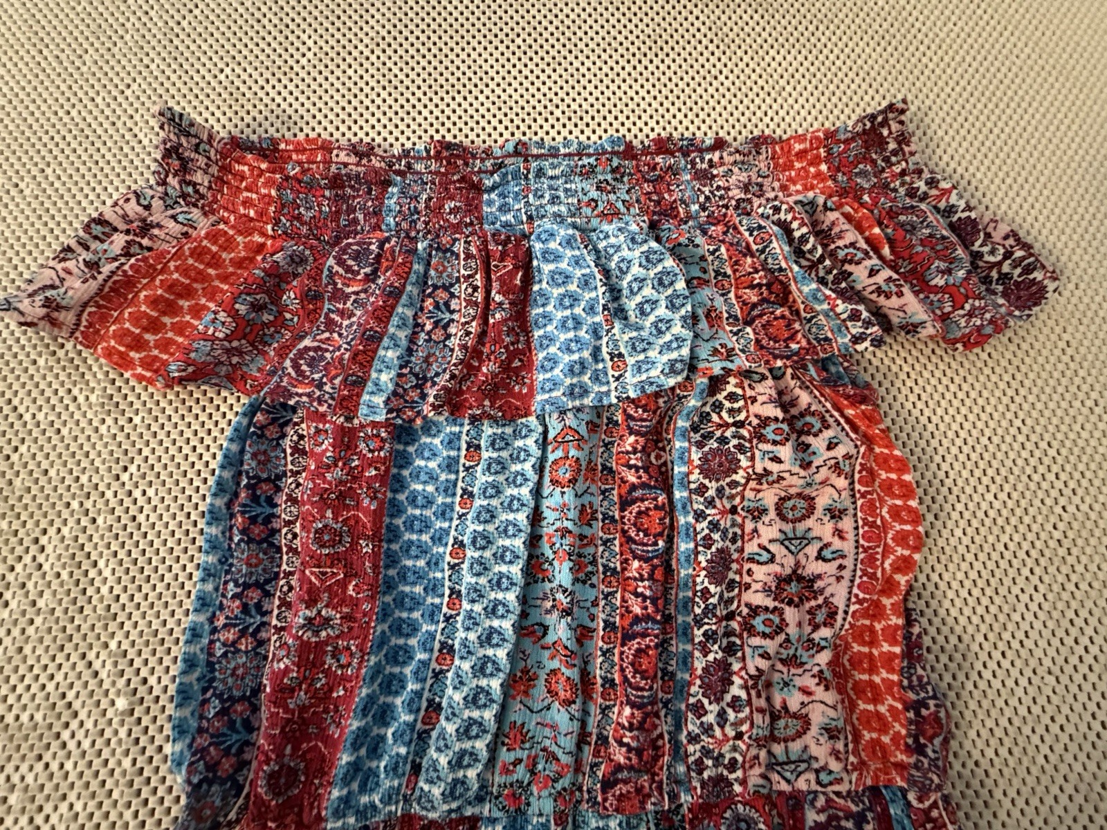 Off Shoulder Patchwork Maxi Dress Sz L 10/12 Hippie Gypsy High Slit Boho Flowy