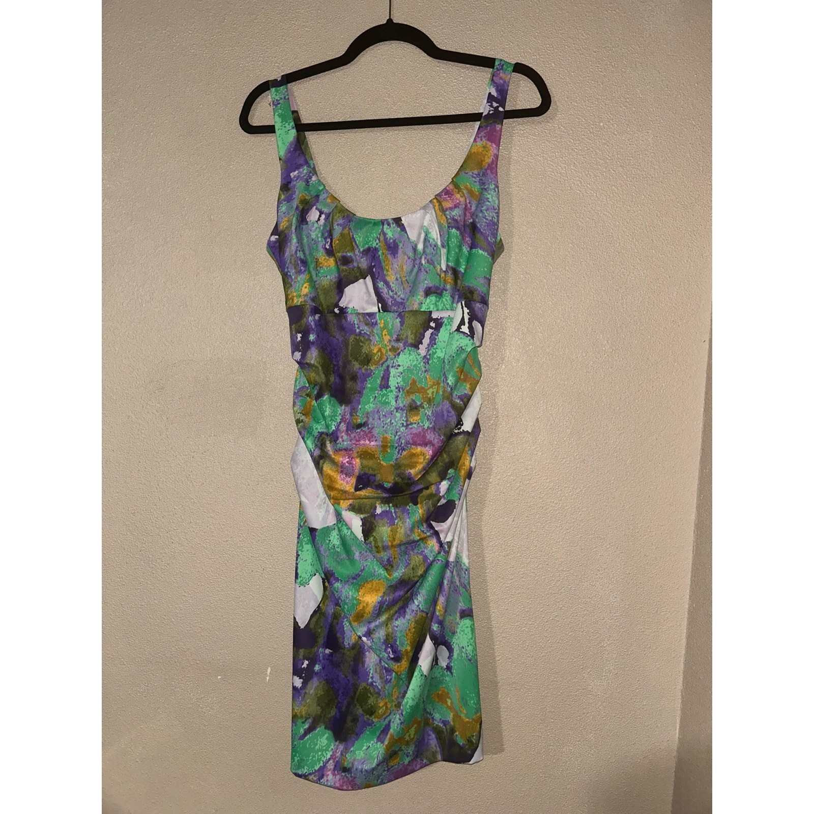 SUZI Chin Maggie Botique Cocktail Green Purple Abstract Ruched Sleeveless Dress