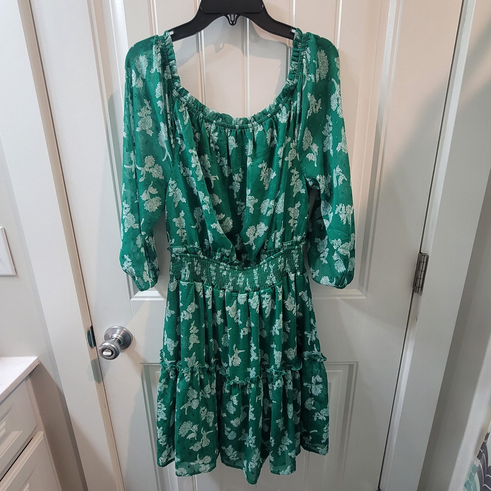 Ryan Michelle Green Midi Floral Peasant Dress, Tiered, Boho, Cottagecore Small