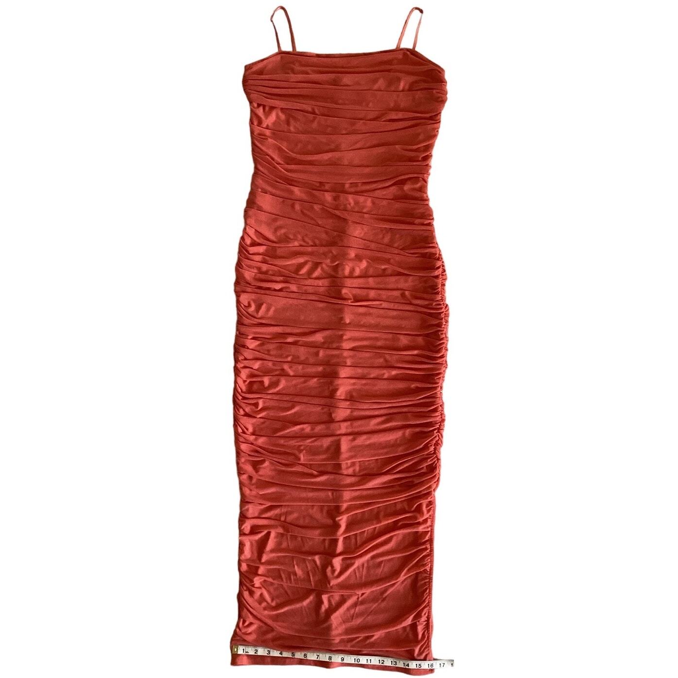 Venus Ruched Mesh Fitted Bodycon Maxi Dress Coral L