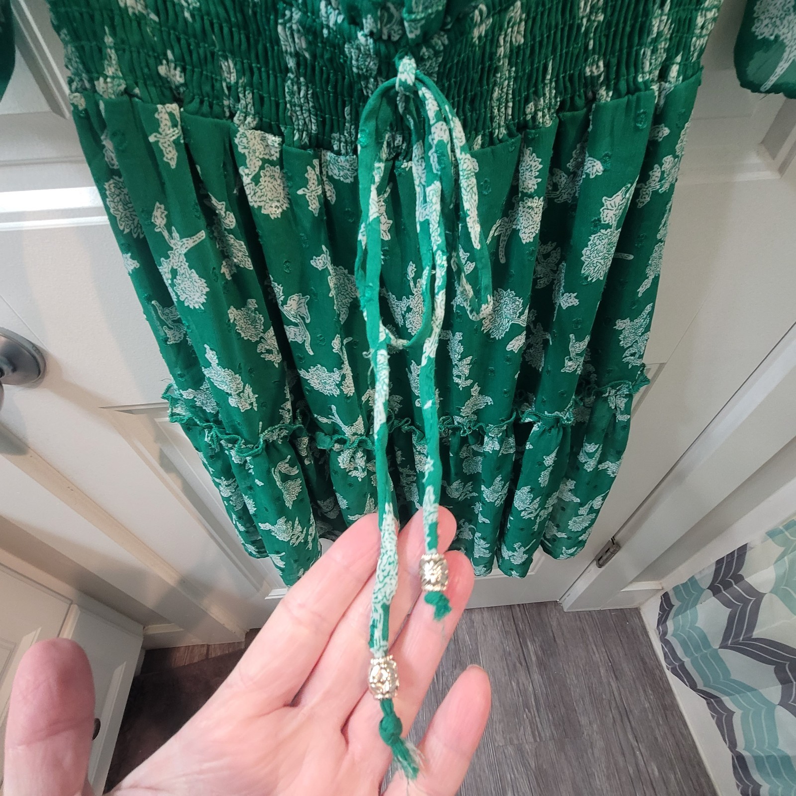 Ryan Michelle Green Midi Floral Peasant Dress, Tiered, Boho, Cottagecore Small