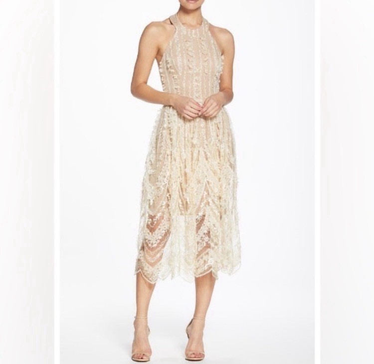 Dress The Population Valerie Halter Dress 3-D Floral Appliqué Beige Nude Medium