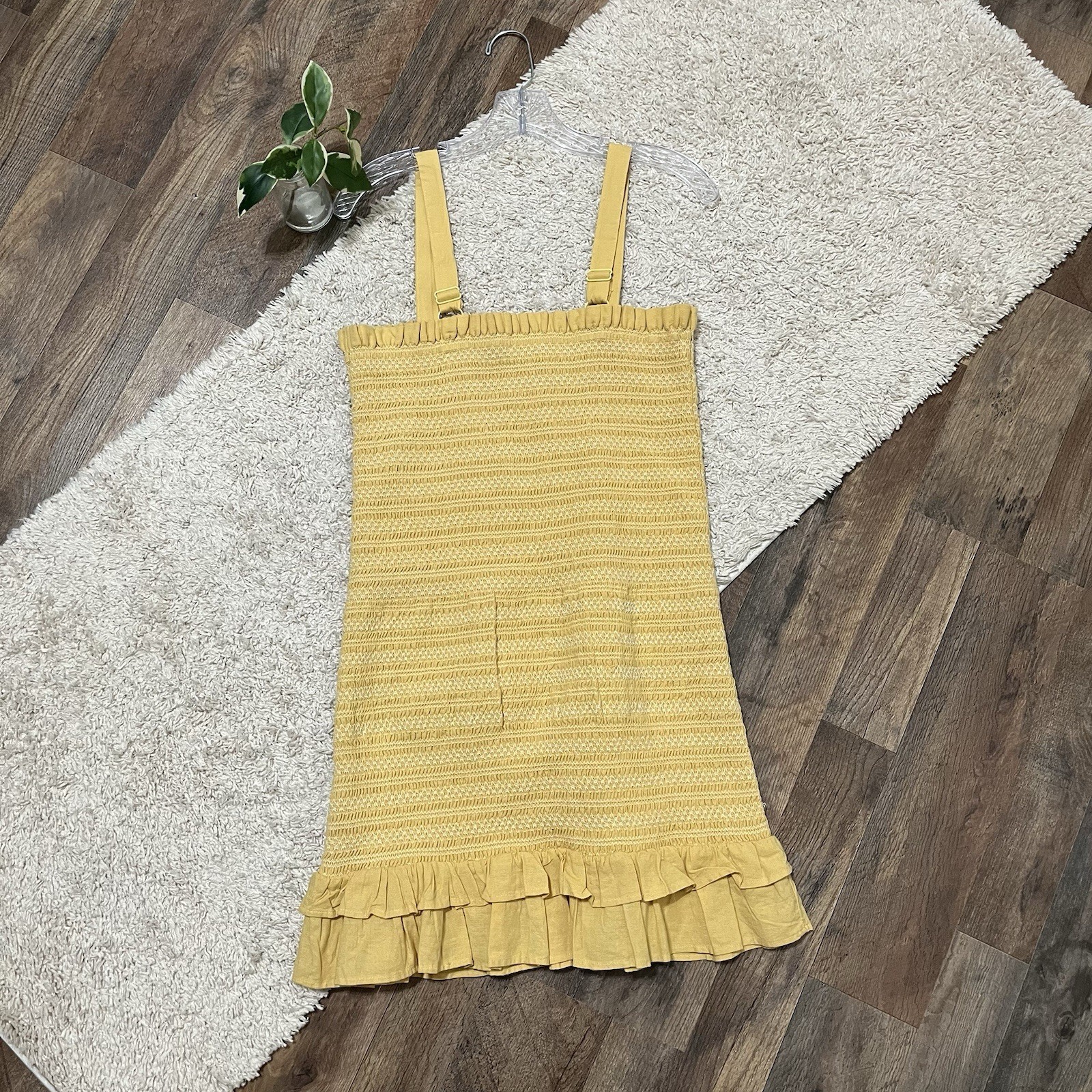 American Eagle Mustard Yellow Smocked Embroidered Ruffle Hem Mini Dress NWT