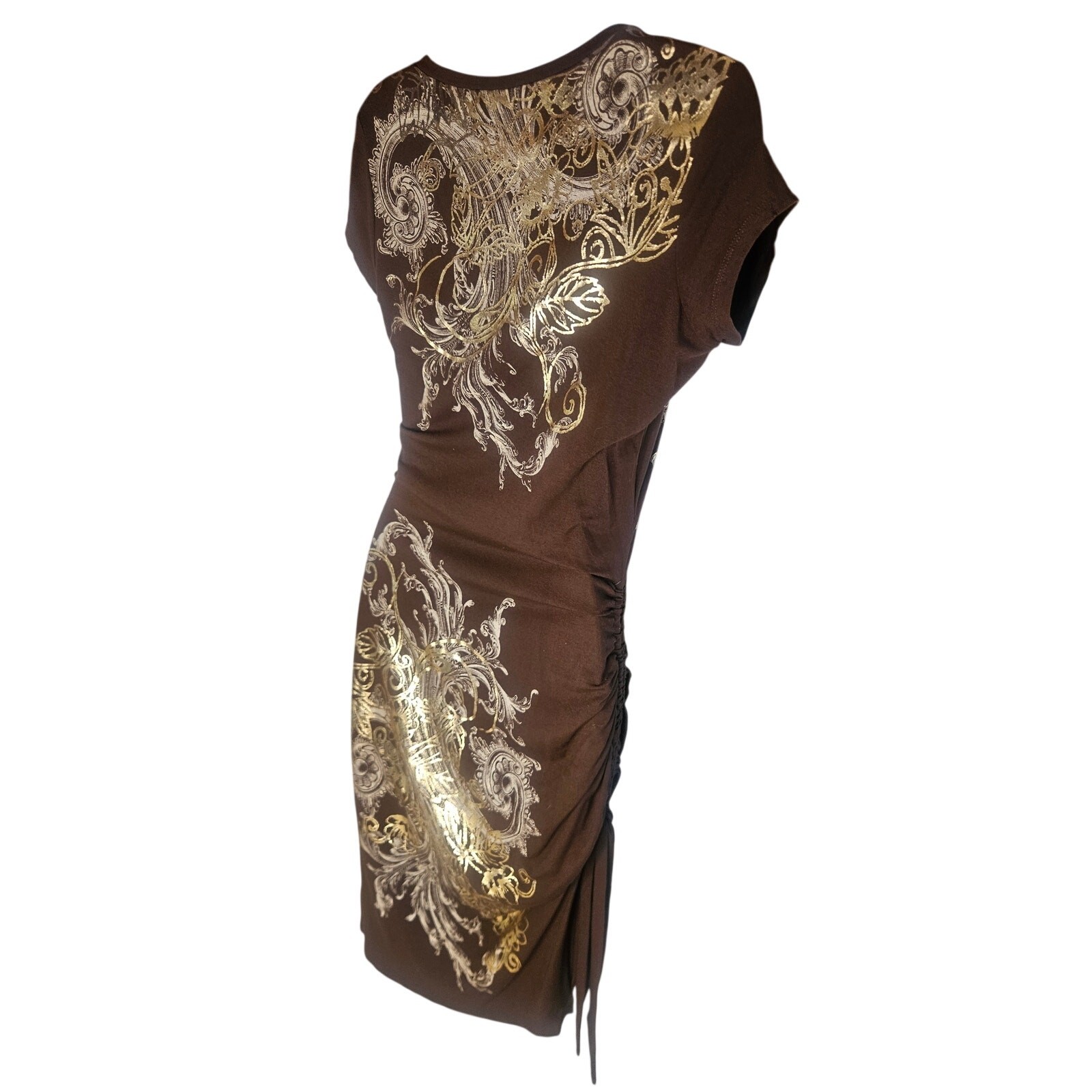 Cache Brown With Gold Silver Print Bodycon Dress Sz M Stretchy V Neck