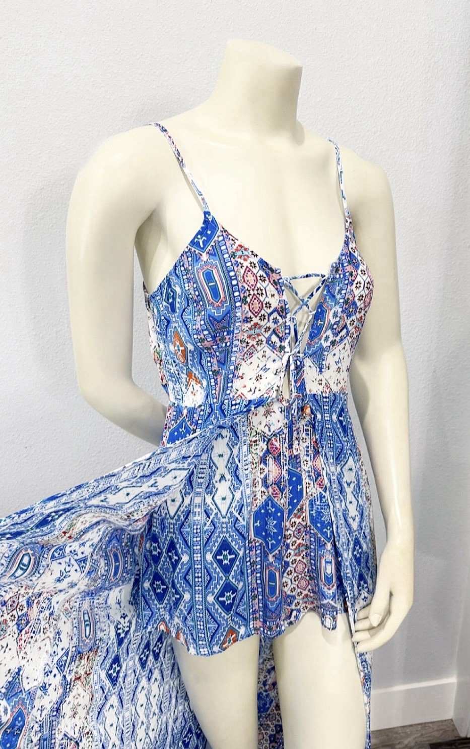 Luxxel High Low Romper Dress Medium Blue Boho Lace Up Maxi Overlay Festival M