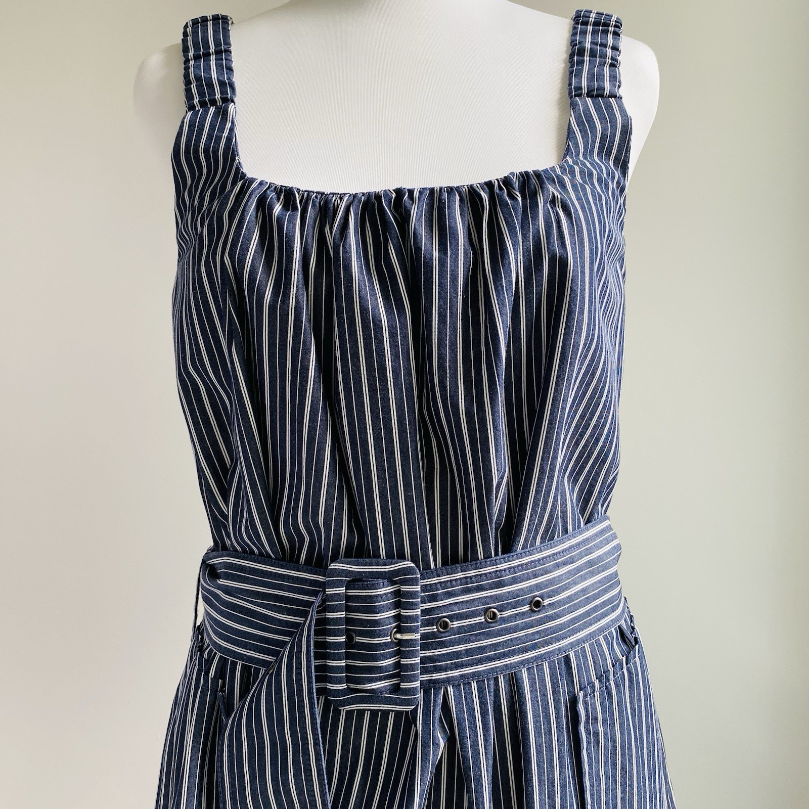 Free Assembly | Belted Cotton Utility Midi Dress Pockets Navy White Striped | XS