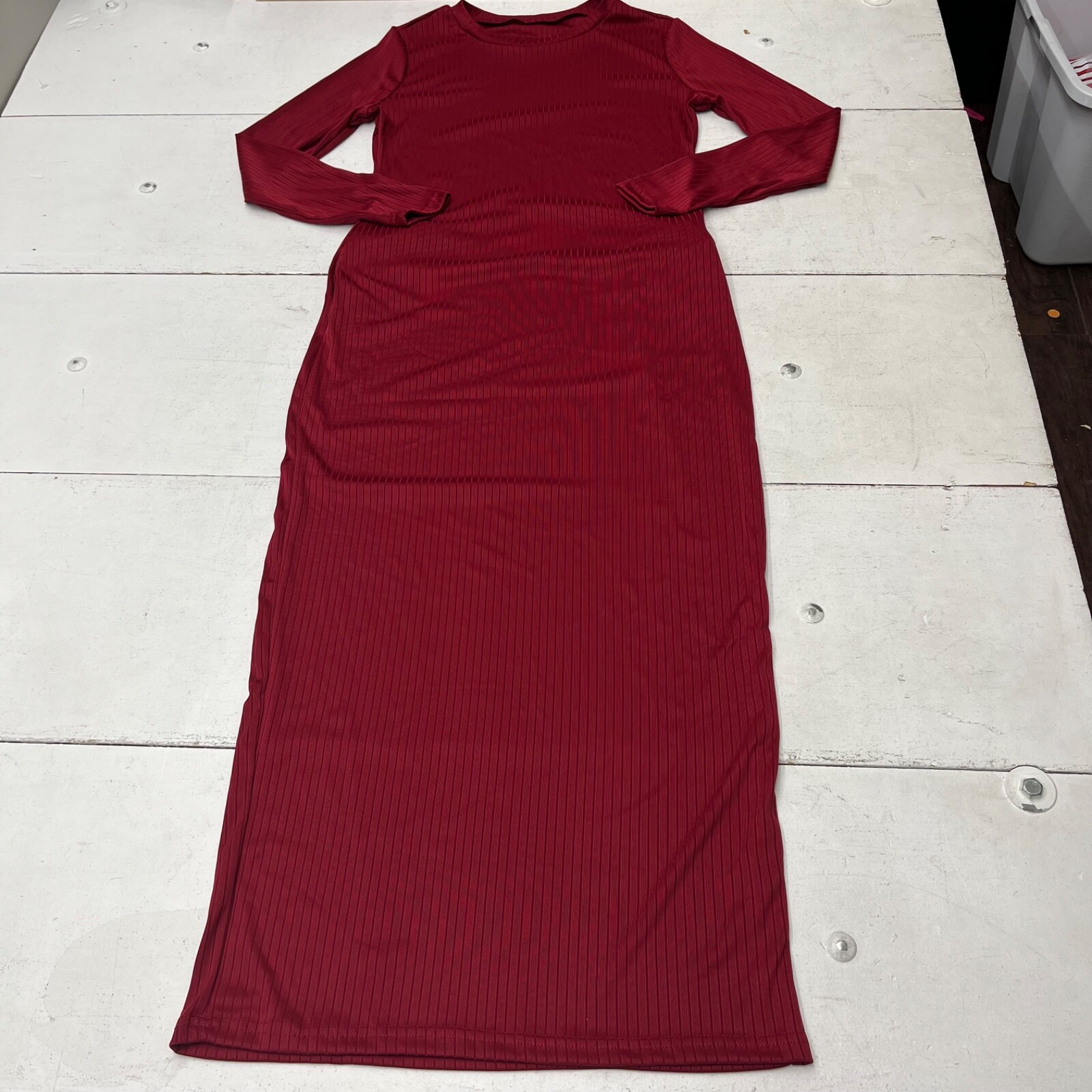 Red Long Sleeve Ribbed Maxi Dress with Pockets Stretch Bodycon Womens Size Large