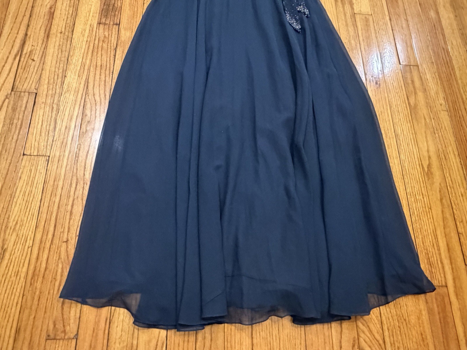 JKARA Beaded MaxiDress Navy Blue Flutter Sleeve Formal Evening Wedding Womens 14
