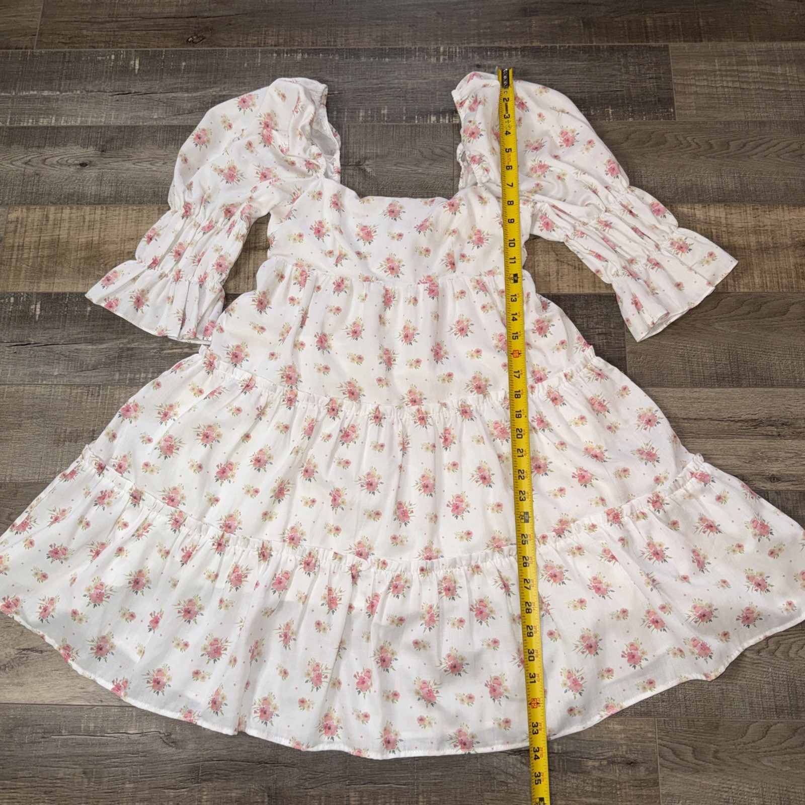 Storia White And Pink Floral 3/4 Ruffle Sleeve Tired Mini Dress Size S Cottage🔥