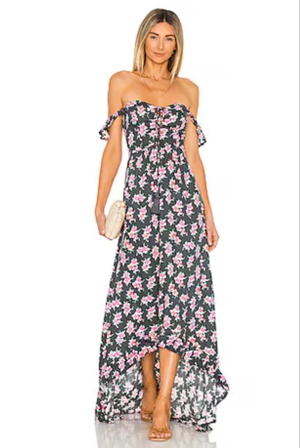 Women’s Tiare Hawaii Mia Pink Grey Floral Off-Shoulder Maxi Dress One Size