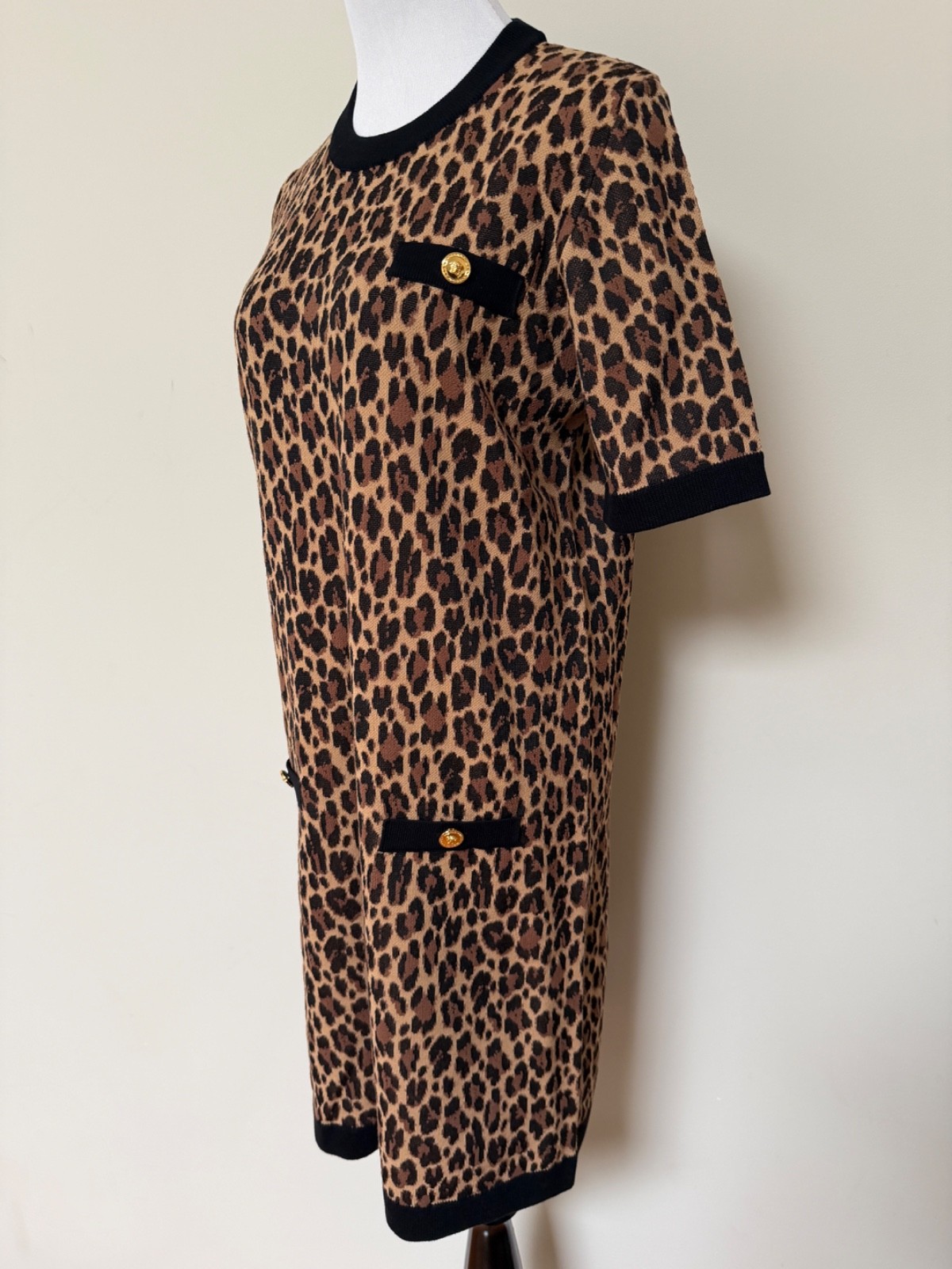 NWT Versace Medusa Logo Button Leopard Intarsia Print Knit Dress 46 US 10 $2950