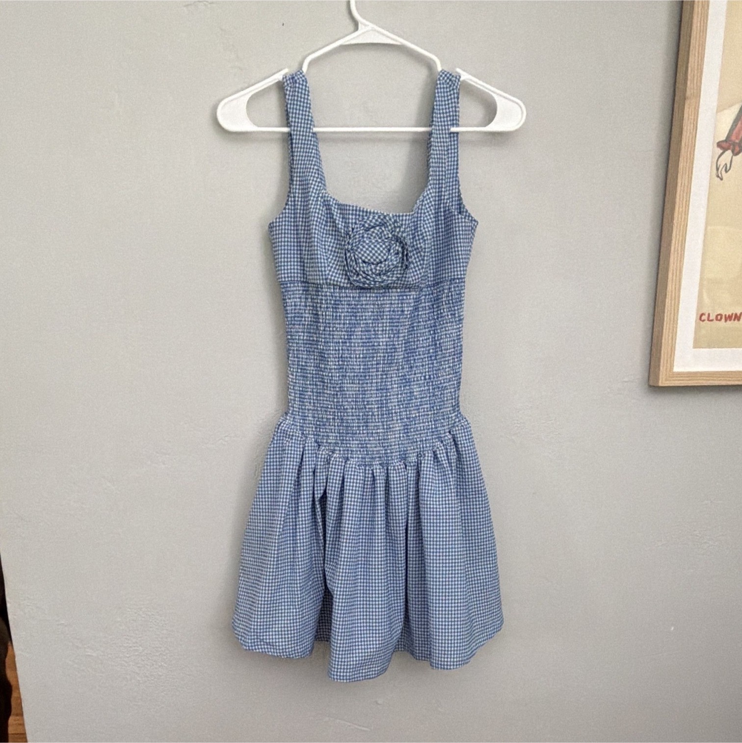 Maeve XXS Blue/White Gingham Smocked Square Neck Strappy Fit & Flare Sundress