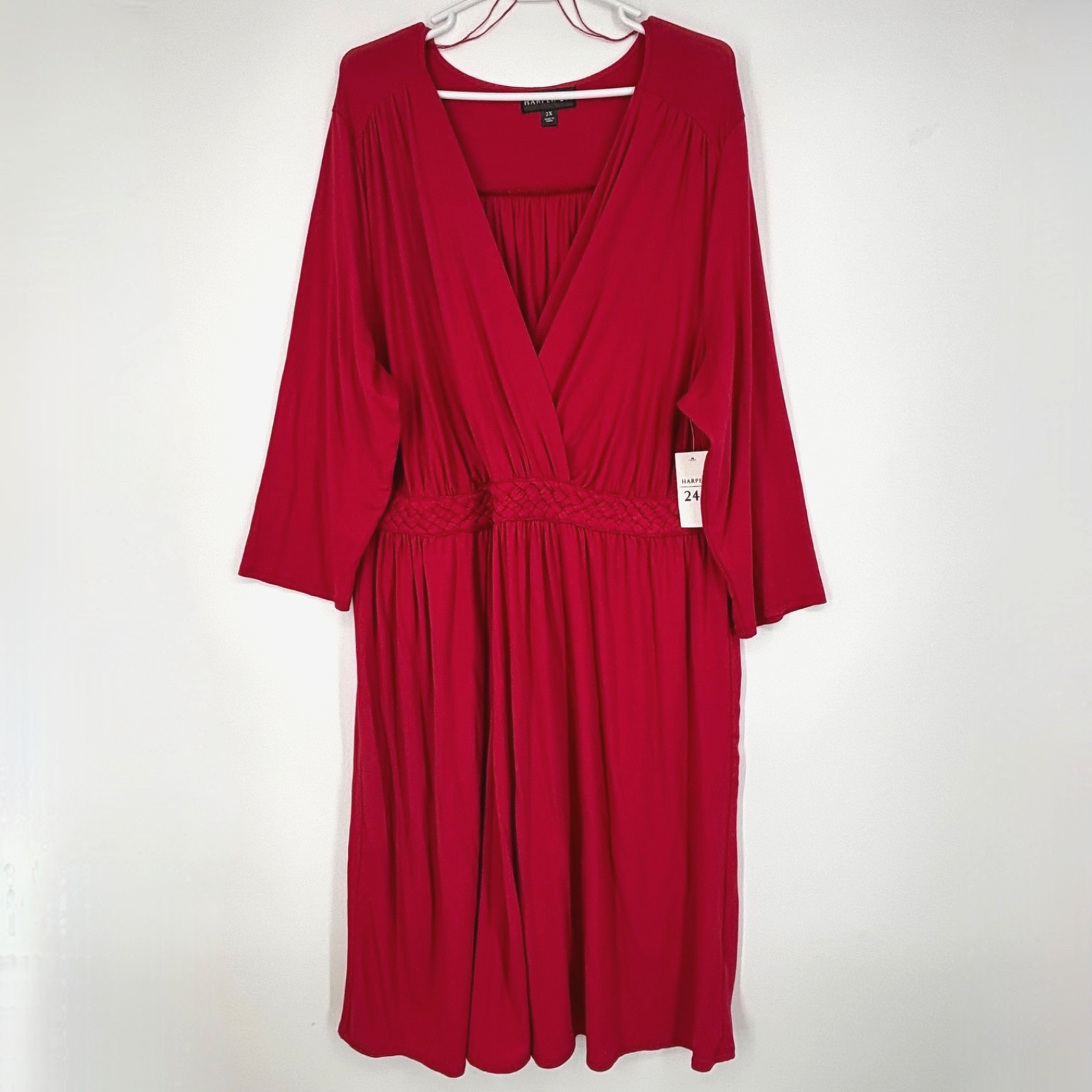 Harper 241 Womens 2X Pullover Knit Dress Red Braided Waistband Faux Wrap V-Neck