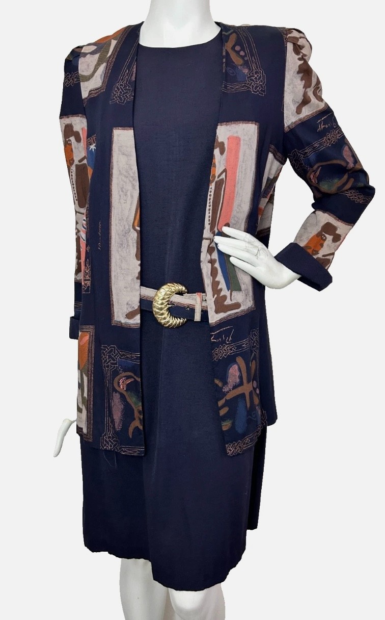 90s Secretary Artsy Peri Petite Dress Jacket Large Navy Belt Eclectic USA EUC